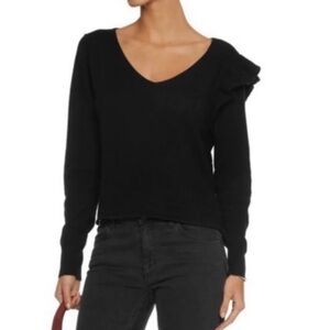 John + Jenn Womens Black Textured Ruffle V-Neck Sweater Size Small Chic Comfy